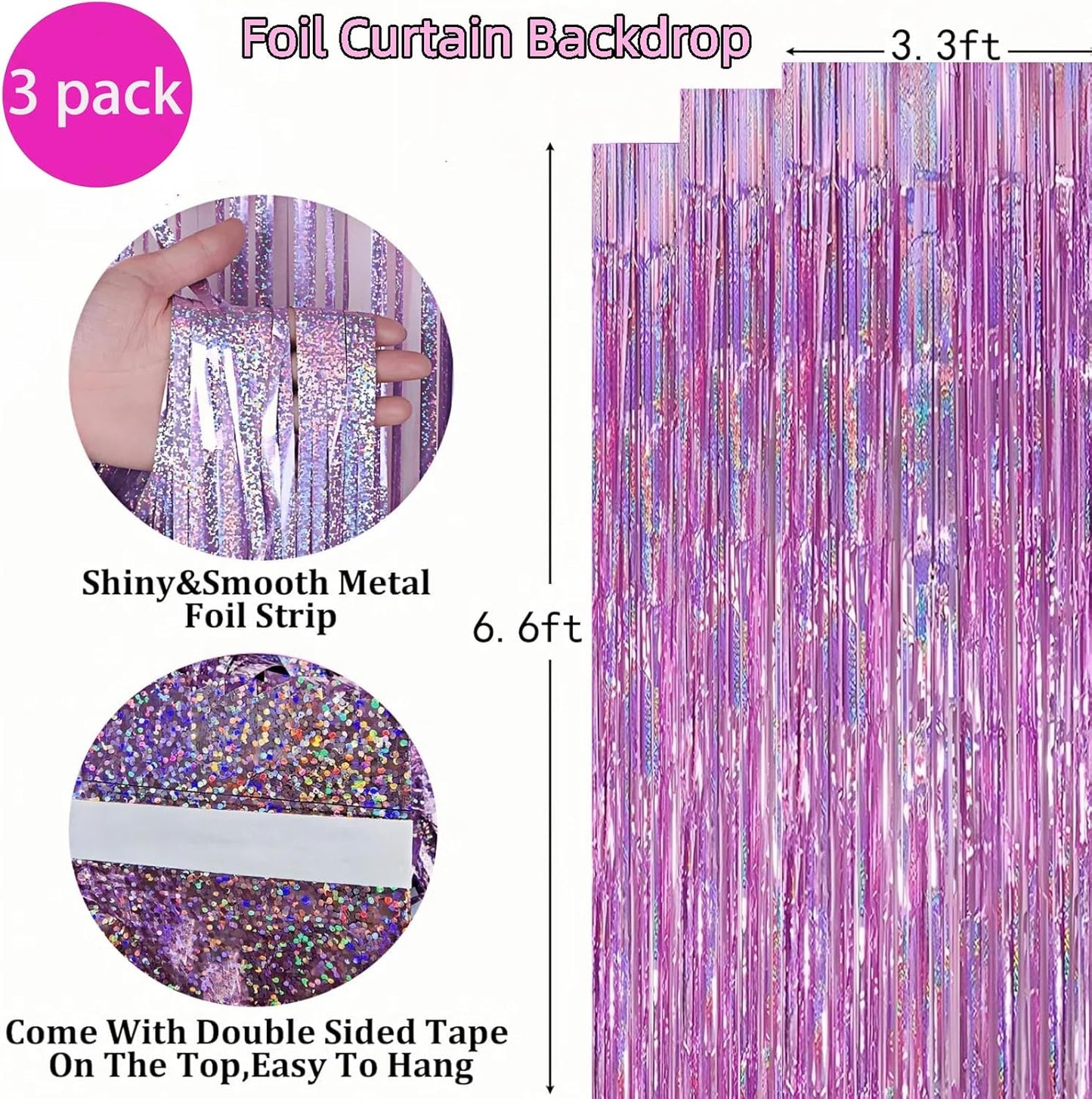 Skiennix Foil Curtain Backdrop - 3 Pack Tinsel Fringe Curtains for Parties & Events | 3.3x6.6 ft Pink