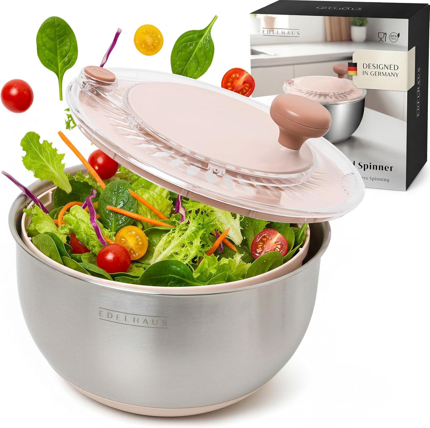 Salad Spinner Stainless Steel 5.3Qt - BPA-Free Lettuce Spinner with Stop Button & Drain Spout