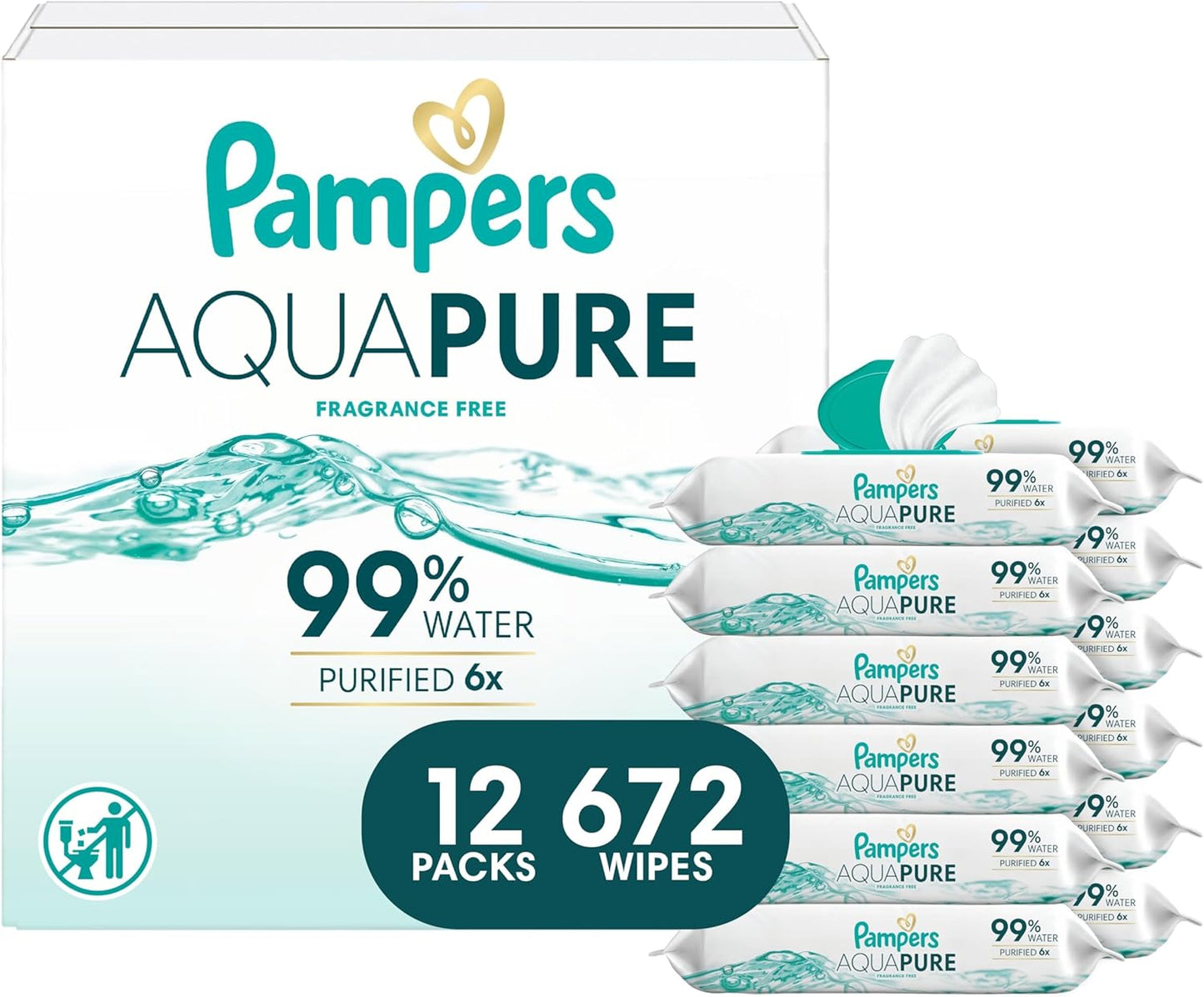 Pampers Aqua Pure Baby Wipes - 99% Water, Fragrance-Free, 672 Total Wipes (12 Flip-Top Packs)