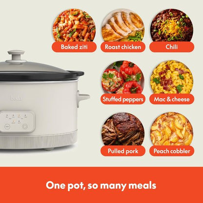 Bella 6.0 Qt Programmable Slow Cooker - Ceramic Nonstick, Adjustable Temp & Cooking Times, Oatmilk