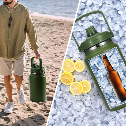 Olerd 135oz/1 Gallon Coffee Insulated Thermoses for Travel - Large Insulated Water Jug Classic Vacuum Bottle with Straw - 4.0L Stainless Steel Ice buckets for Hiking Fishing（Green） ﻿