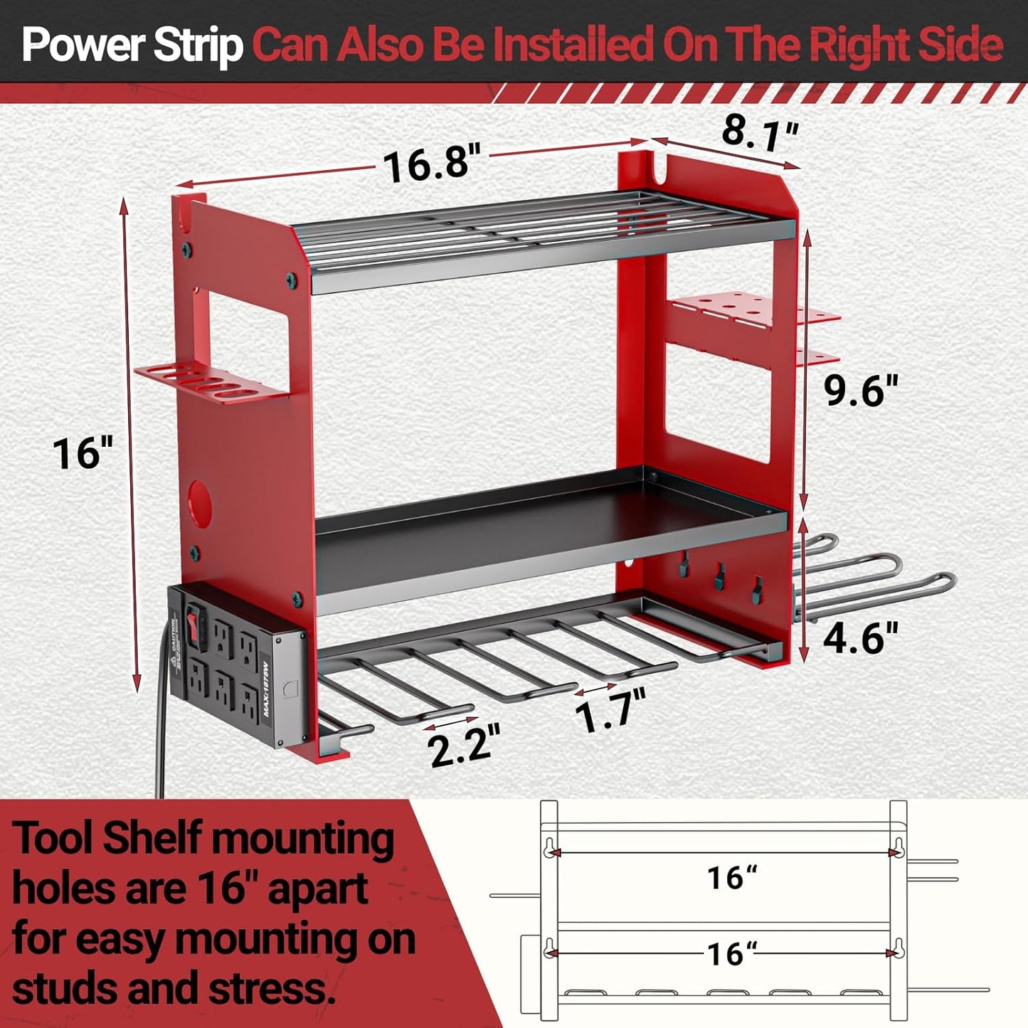 YYR Power Tool Organizer - Heavy-Duty Wall Mount with Charging Station & Battery Storage Rack - Red