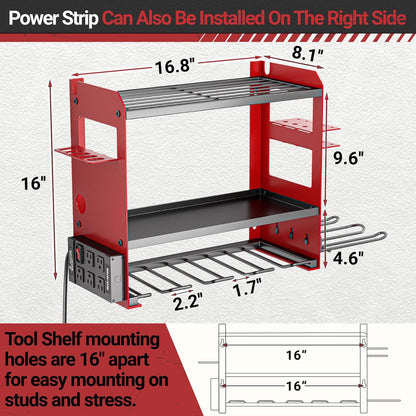 YYR Power Tool Organizer - Heavy-Duty Wall Mount with Charging Station & Battery Storage Rack - Red
