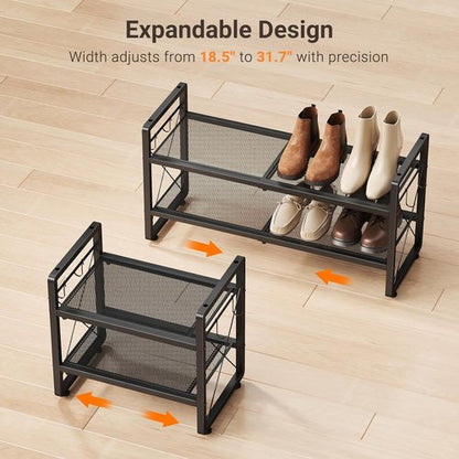 ELYKEN Shoe Rack - 2-Tier Expandable Organizer with 4 Hooks | Metal Black Shoe Shelf for Entryway