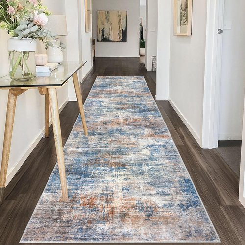 IOHOUZE Abstract Runner Rug 3x10 Ft Washable Runners for Hallways, Non Slip Kitchen Runner Printed Faux Wool Entryway Runner Indoor, Modern Abstract Floor Carpet for Hall Bedroom, Blue Rust