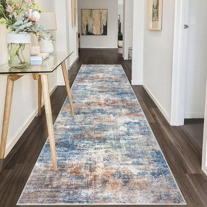 IOHOUZE Abstract Runner Rug 3x10 Ft Washable Runners for Hallways, Non Slip Kitchen Runner Printed Faux Wool Entryway Runner Indoor, Modern Abstract Floor Carpet for Hall Bedroom, Blue Rust