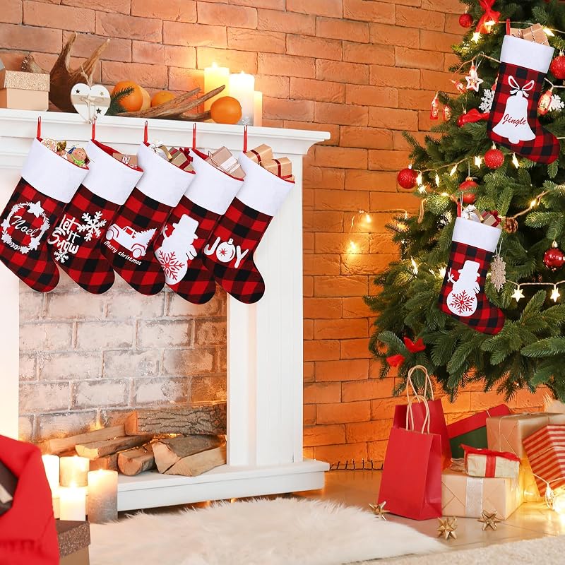 16 Pack Felt Christmas Stockings 18in Red Black Buffalo Plaid with Reindeer Scenes - Holiday Fireplace Decor