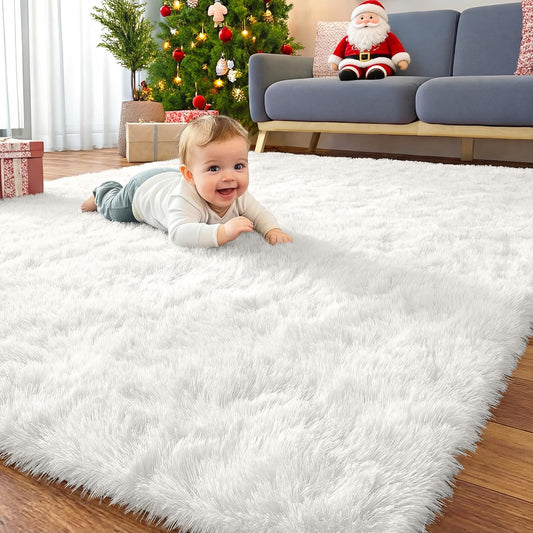 OLANLY 8x8 Large Area Rug - Soft Fluffy Shaggy Carpet for Living Room & Bedroom | White Indoor Decor