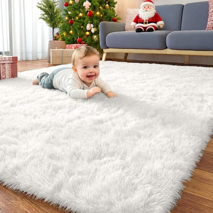 OLANLY 8x8 Machine Washable Large Area Rugs for Living Room, Bedroom, Soft Fluffy Shaggy Bedside Rug, Indoor Floor Carpet for Kids Girls and Boys, Dorms, Nursery, Home Decor Aesthetic, White