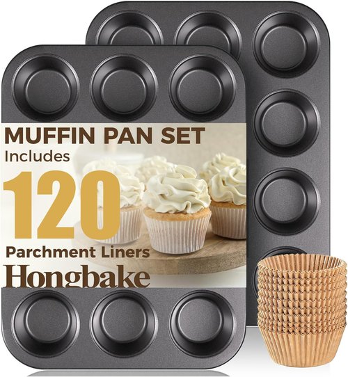 HONGBAKE Muffin Pans - Nonstick 12-Cup Cupcake Baking Tray with 120 Natural Liners | Dark Grey, 2 Pack