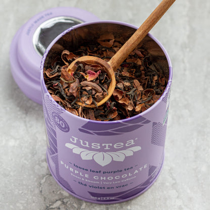 JusTea PURPLE CHOCOLATE | Loose Leaf Purple Tea | Tin with Hand Carved Tea Spoon | 40+ Cups (3.5oz) | Very Low Caffeine | Award-Winning | Fair Trade | Non-GMO