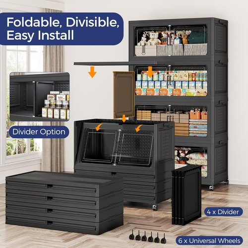 150GAL Extra Large Storage Bins - Stackable Closet Organizers with Lids | 3-Pack Black, Collapsible Design