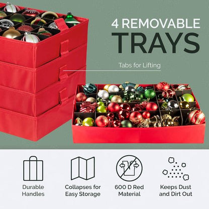 Christmas Ornament Storage Container - Large Organizer Bin with Adjustable Dividers for 96 Ornaments