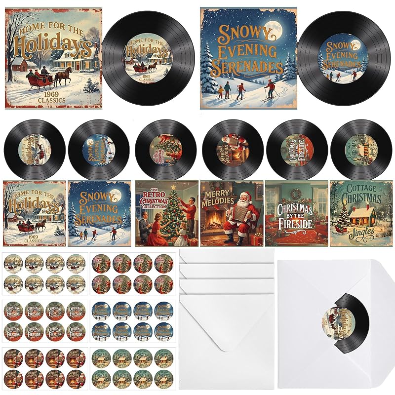 Vinyl Record Christmas Cards Set - 48 Blank Greeting Cards with Envelopes