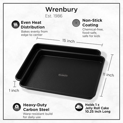 Wrenbury Jelly Roll Pan Set of 2 - Non-Stick DuraQuartz Baking Sheets, 15x10 Carbon Steel