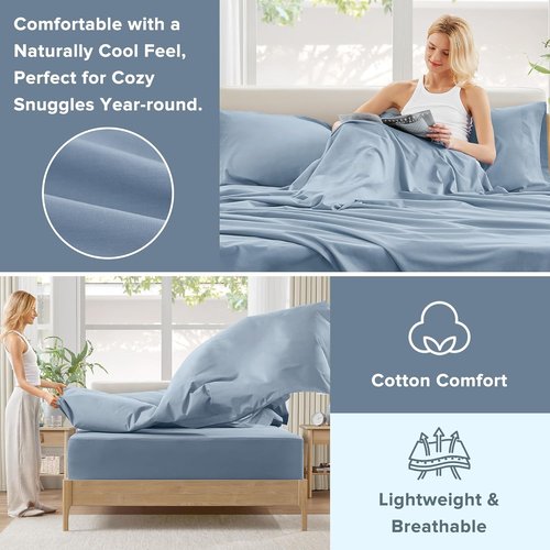 Comfort Spaces 100% Cotton Sheet Set - Breathable & Soft Twin Blue Bedding with 12" Elastic Pocket