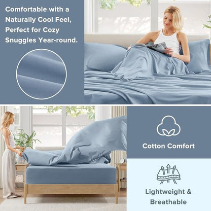 Comfort Spaces 100% Cotton Sheet Set - Breathable & Soft Twin Blue Bedding with 12" Elastic Pocket