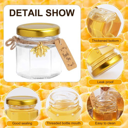 JIUHSHN 60Pcs Mini Glass Honey Jars 1.5Oz Hexagon Small Honey Jars In Bulk with Wooden Dippers,Bee Charms,Thank You Cards,Jutes and Stickers for Baby Shower Wedding Party Favors