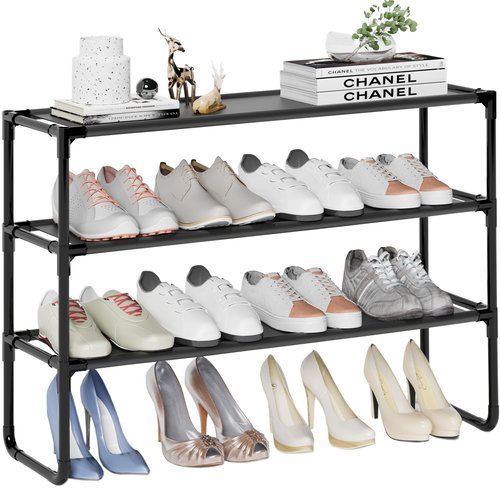COAPUKT Long Shoe Rack, 3-Tier Stackable Shoe Organizer for Closet, Entryway, Hallway, Extra Bottom Layer, Holds 16-20 Pairs, Sturdy & Durable Waterproof Fabric Shelf, Space-Saving,Black(35.8" Wide)