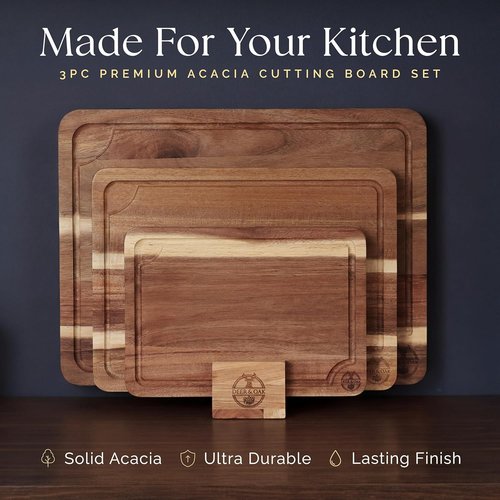Acacia Cutting Board Set by [Brand Name] - Pre-Oiled & Non-Toxic | 3 FSC Certified Wooden Boards with Oil