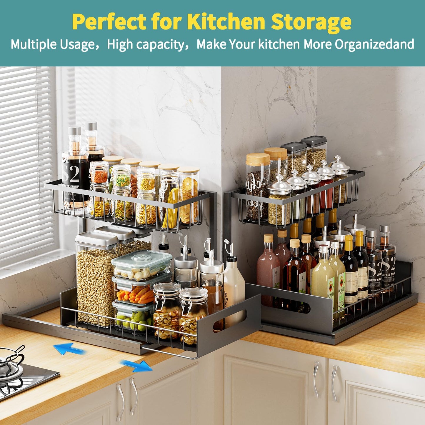 Prlsca Under Sink Organizer, Pull Out Cabinet Organizer 2-Tier Pull Out Sink Shelf Cabinet Storage Shelves, Under Sink Storage for Kitchen Bathroom Cabinet (2 PACK)