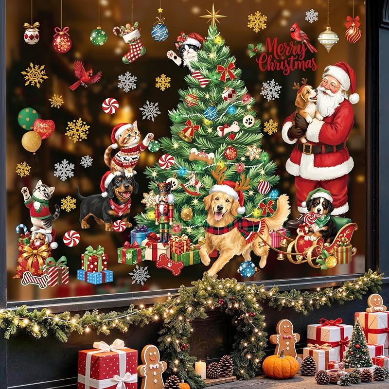 Christmas Window Clings for Pets – Santa Dogs & Cats, Non-Adhesive Double-Sided, 2 Sheets