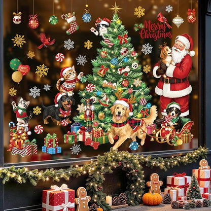 Christmas Window Clings for Pets – Santa Dogs & Cats, Non-Adhesive Double-Sided, 2 Sheets