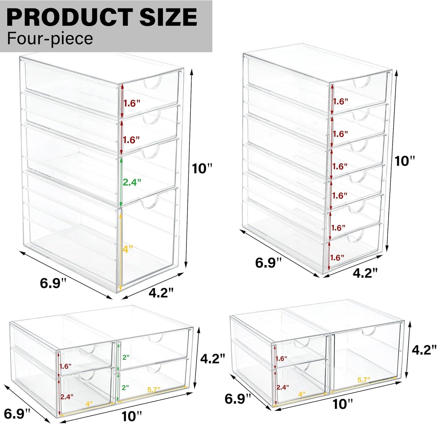 Prsildan Acrylic Drawer Organizer - 17 Drawer Clear Storage Solution for Makeup & Craft Supplies | Set of 4