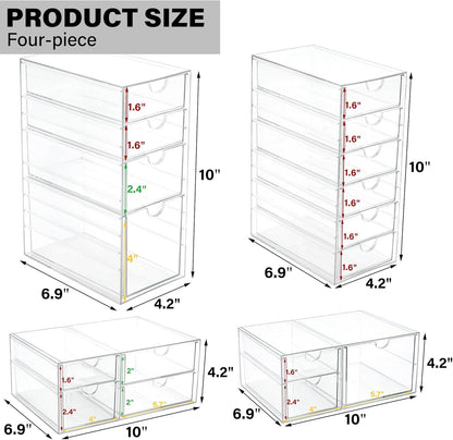 Prsildan Acrylic Drawer Organizer - 17 Drawer Clear Storage Solution for Makeup & Craft Supplies | Set of 4
