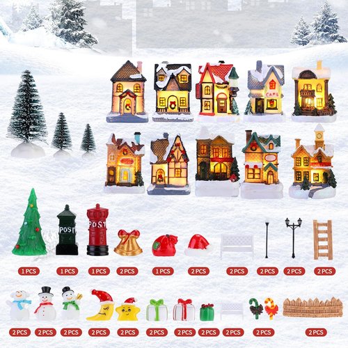 Barydat Christmas Village Figurines Set - 60 LED Lighted Mini Houses for Holiday Decor | Winter Table Decoration