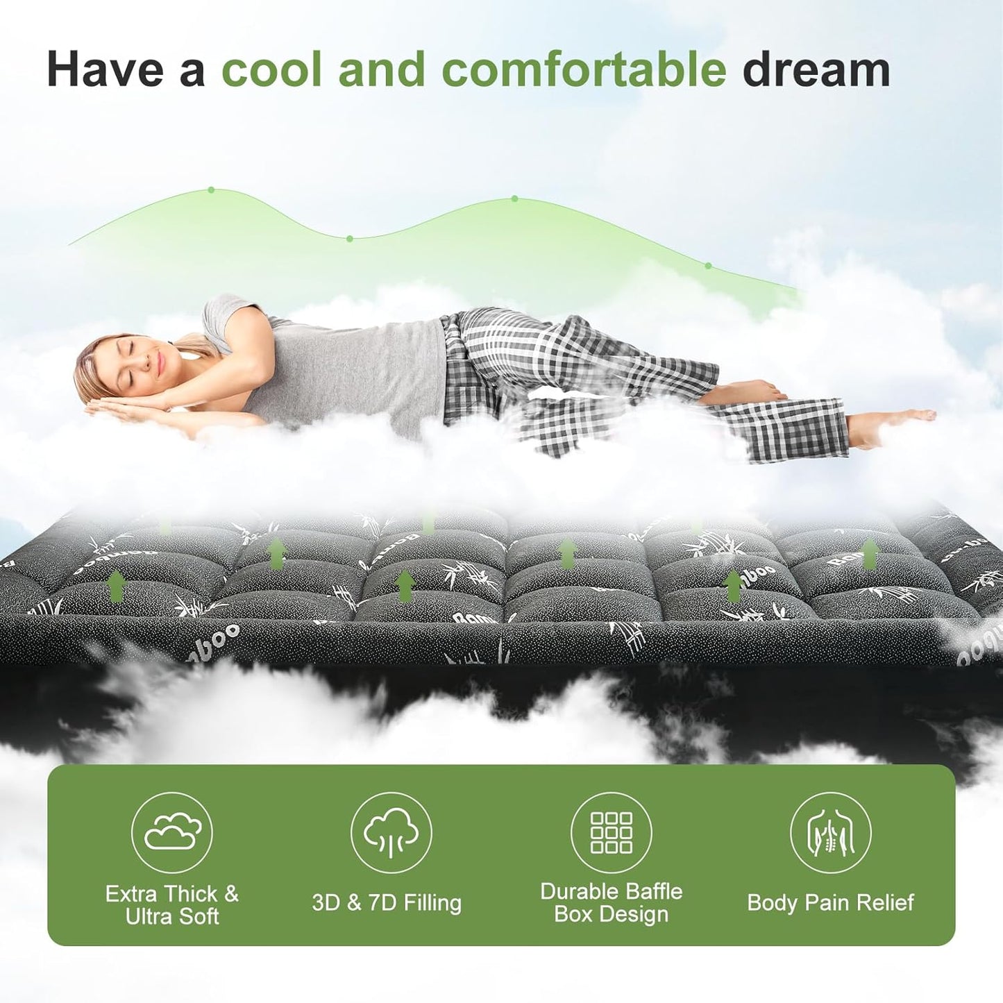 ViscoSoft Queen Size Mattress Topper - Soft Bamboo Pillow Top for Back Pain Relief | Cooling Dark Grey