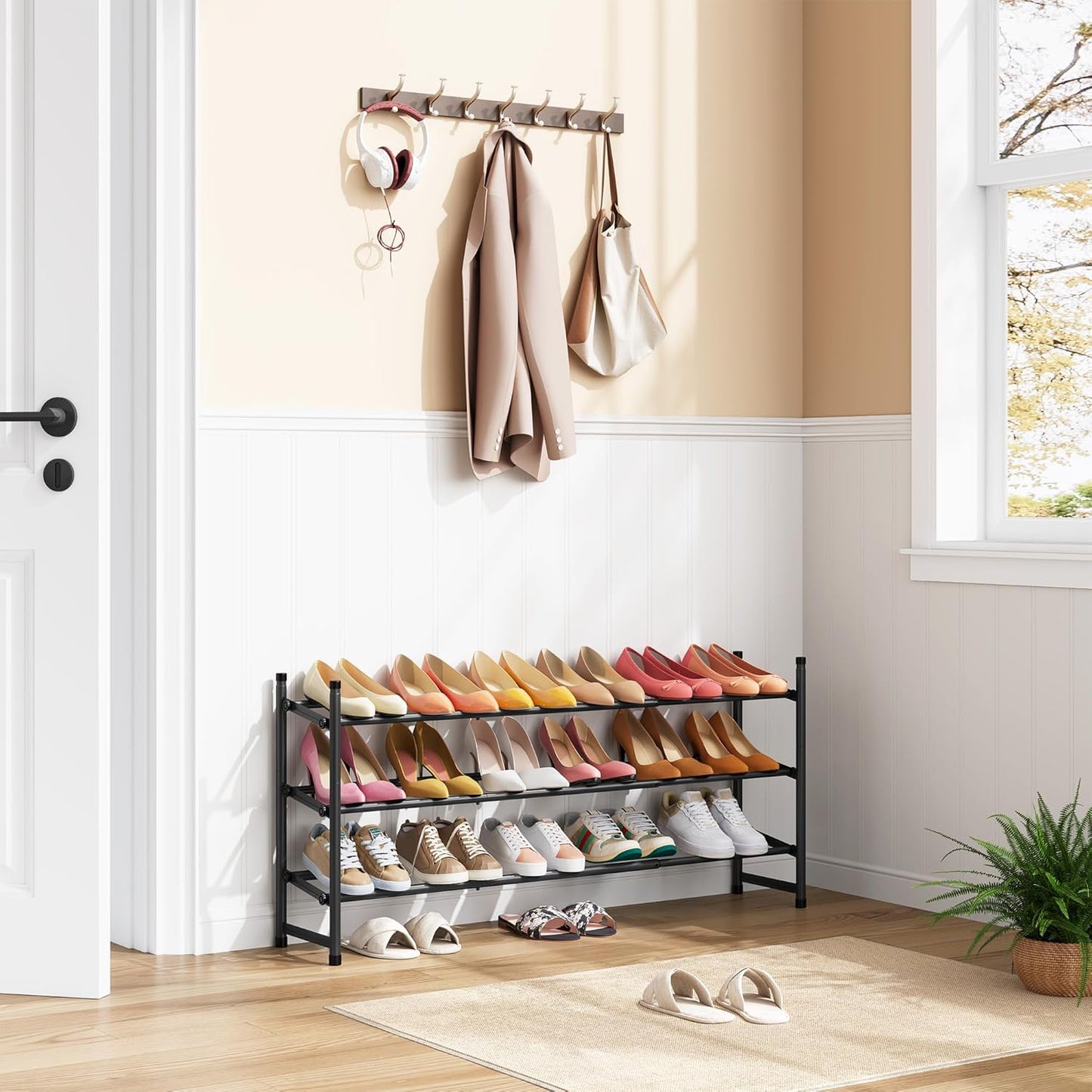 Tajsoon Expandable Shoe Rack - 3-Tier Adjustable & Stackable Metal Organizer | 28"-41" Black Storage Solution