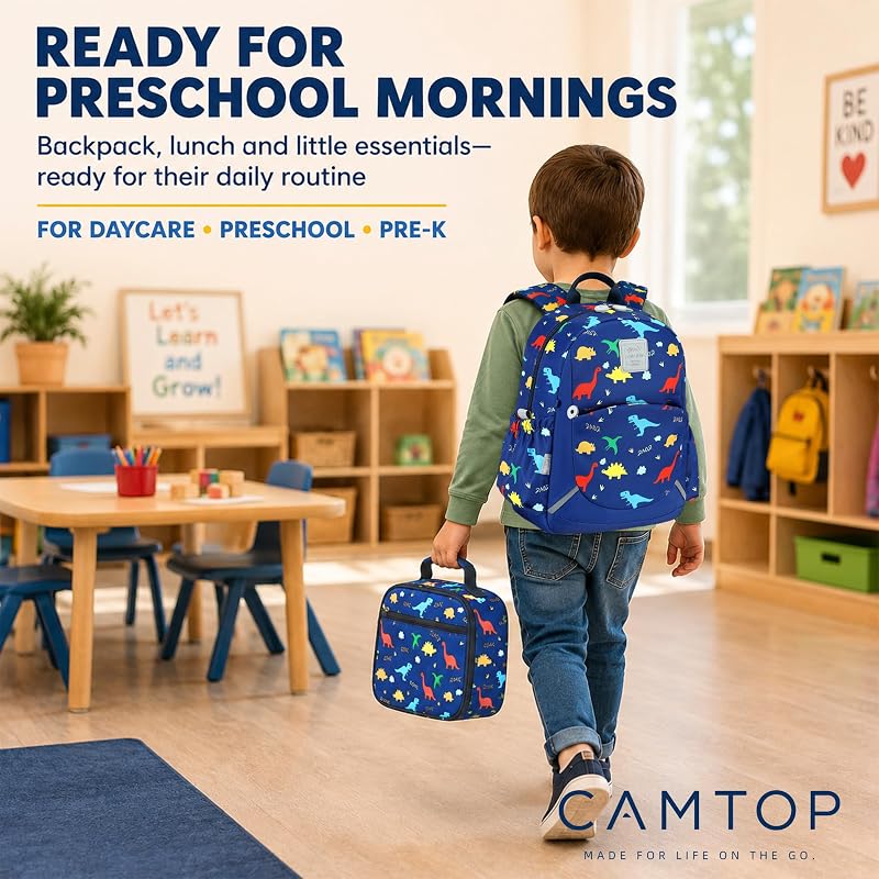 Camtop 12-Inch Toddler Backpack for Boys - Navy Dinosaur Lunch Bag Set