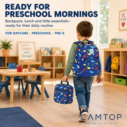 Camtop 12-Inch Toddler Backpack for Boys - Navy Dinosaur Lunch Bag Set