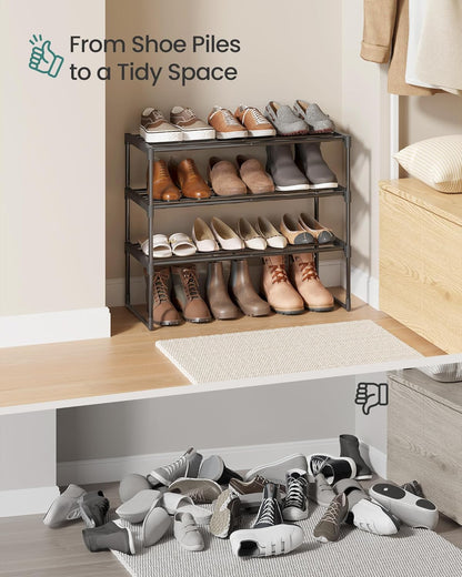 SONGMICS 3-Tier Shoe Rack - Stackable Metal Organizer for 8-12 Pairs | Black, 11.8 x 26.8 x 21.7 Inches