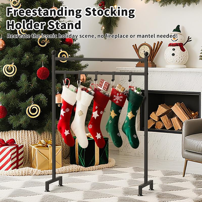 GloTika Christmas Stocking Holder Stand - 6-Hook Freestanding, Black (Variation: Black-6 Hooks)