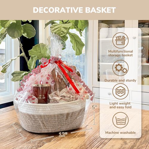 CHICVITA Gift Basket Empty to Fill, Mother Day Gift Basket, Small Basket with Bags & Ribbon, Dog Toy Storage, 12"x 8"x 5", Brown