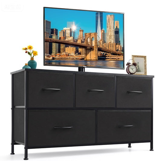 5-Drawer Dresser for Bedroom, Anti-Tip Wide Storage Organizer Fabric Chest of Drawers TV Stand for 45" TV with Wooden Top and Metal Frame for Closet, Living Room, Hallway, Entryway, Black