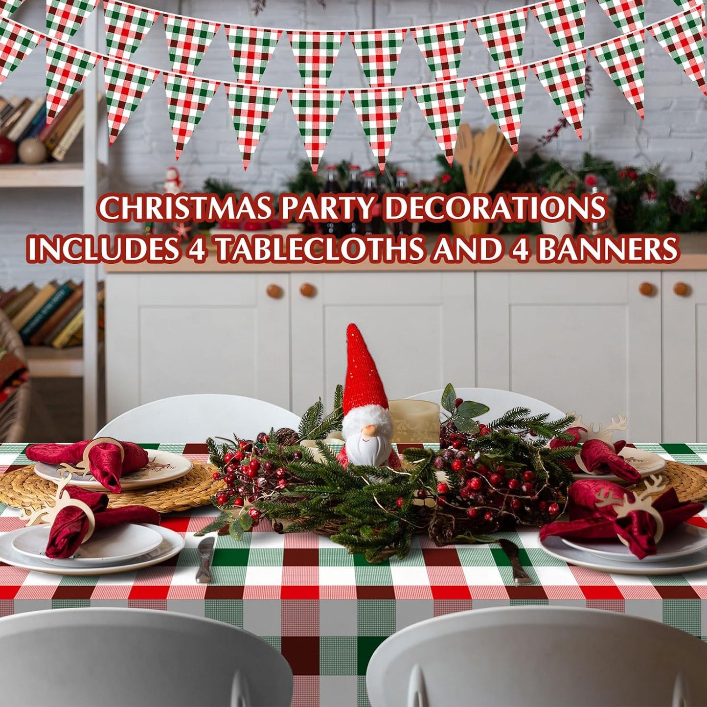 Skiennix 54" x 108" Plastic Tablecloth - Red Green White Plaid Design for Parties & Holidays
