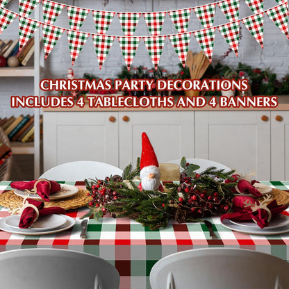 Skiennix 54" x 108" Plastic Tablecloth - Red Green White Plaid Design for Parties & Holidays