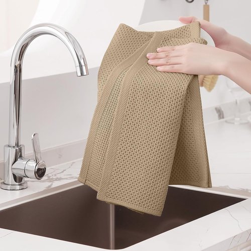 Homaxy 100% Cotton Waffle Weave Dish Towels - Ultra Soft & Absorbent, Quick Drying | 20x28 Inches, 4-Pack, Tan