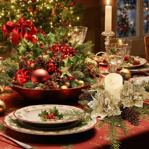 Christmas Candle Ring - Artificial Golden Flower & Pine Wreath for Holiday Table Centerpiece