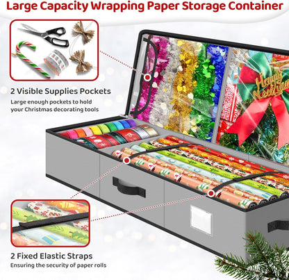 BlessedSeason Wrapping Paper Storage Organizer - Holds 40-Inch Rolls with 2 Pockets for Holiday Accessories | Grey