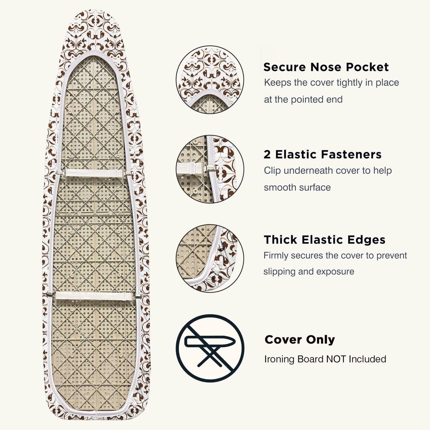 UniSimp Ironing Board Cover and Pad 15"x54" Extra Thick Natural Cotton, Scorch and Stain Resistant Padding, Standard Size Iron Board Cover with Fasteners Heavy Duty Elastic Edge, Heatproof Taupe