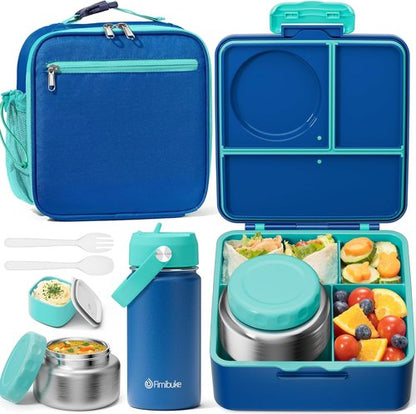 Fimibuke Kids Bento Lunch Box - Leakproof & Insulated Food Jar with Water Bottle | 3-4 Compartment Design