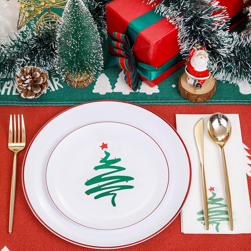 Disposable Christmas Plates 60-Pack - White with Red Rim, 10.25" Dinner + 7.5" Dessert Plates, Party Tableware