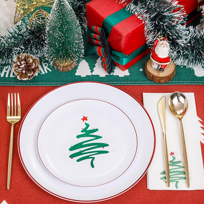 Disposable Christmas Plates 60-Pack - White with Red Rim, 10.25" Dinner + 7.5" Dessert Plates, Party Tableware