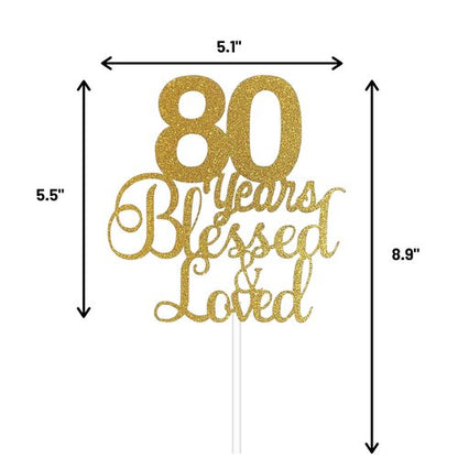 ALPHA K 80th Birthday/Anniversary Cake Topper – 80 Years Blessed & Loved Cake Topper with Gold Glitter