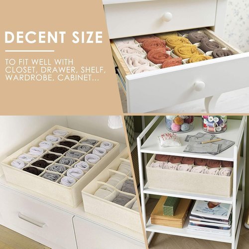 Criusia Sock Organizer - 3 Pack Fabric Drawer Dividers with 64 Cells for Socks, Underwear & Ties | Beige