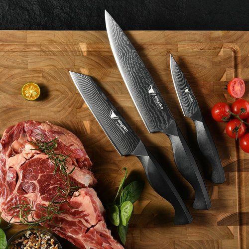 Aisyoko 8C Damascus Knife Set - 3PC Chef's Knife, Kitchen and Paring Knives, High Carbon Stainless Steel, Ergonomic Full Tang ABS Anti-Skid Handle